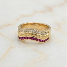 Zeino Dalgalı Kırmızı Taşlı Ayarlanabilir Yüzük - 14K Altın Rengi Kaplama