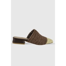 Elanor Kahve Önü Bej Örgü Kadın Kısa Kalın Topuklu Terlik