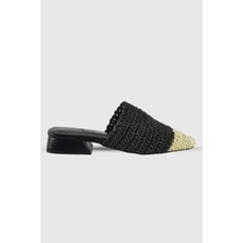 Elanor Siyah Önü Bej Örgü Kadın Kısa Kalın Topuklu Terlik