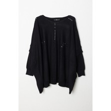 On Fashion Kadın Taş Detaylı Yarasa Kol Siyah Kazak 60301