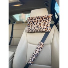 Özgürce Leopar Desenli Kürk Kumaş Oto Yastık Emniyet Kemeri Pedi 2’li Set