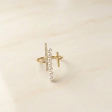 Zeino Inci Sıralı Taşlı Çizgi Ayarlanabilir Yüzük - 14K Altın Rengi Kaplama