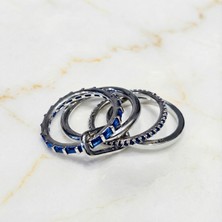 Zeino Lacivert Taş Detaylı 4'lü Ayrılabilir Yüzük Seti - Gümüş Rengi Kaplama