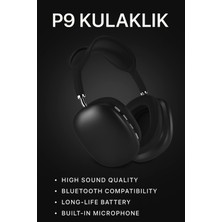 Renklime P9 Bluetooth 5.0 Kablosuz Siyah Kulaklık Mikrofonlu Uzun Pil Yüksek Bass Anc