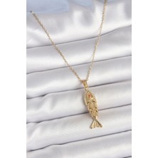 Renklime 316L Çelik Zincir Gold Renk Zirkon Taşlı Balık Figürlü Kolye