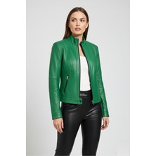 Deriderim Yeşil Sharon Fermuarlı Astarlı Kısa Omuzda Ve Kolda Dikişli Dar Kesim Kadın Hakiki Deri Mont