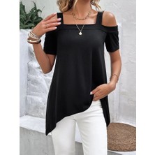 Veralya Kadın Kısa Kollu Omuzlardan Açık Askılı Asimetrik Kesim Viskon Bluz