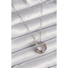 Datatek 316L Çelik Gümüş Renk Zincir Renkli Zirkon Taşlı Xoxo Model Kadın Kolye