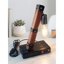 Woodylight Rustik El Yapımı Masif Ahşap Masa Lambası - Retro Edison Tasarım Dekoratif Gece Lambası