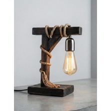 Woodylight Rustik El Yapımı Masif Ahşap Masa Lambası - Retro Edison Tasarım Dekoratif Gece Lambası