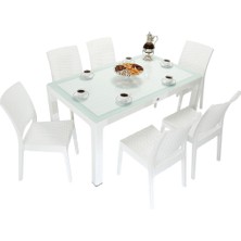 Norino Mandella Elit Rattan 90X150 Elit Sandalye Camlı Masa Takımı Beyaz