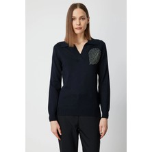 On Fashion Kadın Omuz Yaprak Zincirli Siyah Kazak 65334