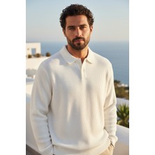 Mandala Tekstil Polo Yaka Göğüs Düğmeli Uzun Kollu Selanik Kalın Örgü Oversize Triko Kazak