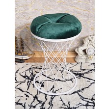 Sevinç Mobilya Yuvarlak Beyaz Boyalı Yeşil Puf Oturak - Bench - Ayak Ucu Oturak - Tabure - Makyaj Oturak