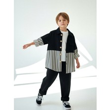 Catz Kids Siyah Keten Carrot Pantolon + Siyah Beyaz Çizgili Keten Retro Gömlek
