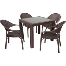 Norino Mandella Elit Rattan 90X90 Eylül Koltuk Camlı Masa Takımı Kahverengi