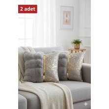 Lüks 2'li Peluş Kırlent Kılıfı Seti - Altın Varak Detaylı Dekoratif Yastık Kılıfı - 40 x 40CM