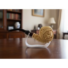 Goldenlight Meerschaum El Oyma Lületaşı Pipo, Çift Taraflı Geyik Figürlü, 9mm Filtreli, Blok Taş, Sanatsal Özel Tasarım