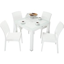 Norino Mandella Elit Rattan 90X90 Elit Sandalye Camlı Masa Takımı Beyaz