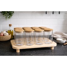 Durina Living Standlı 12'li Etiketli 250 ml Bambu Vakum  Kapaklı Borosilikat Cam Baharatlık Saklama Seti 12 Li Kaşık Dahil