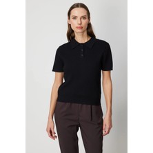 On Fashion Kadın Polo Yaka Triko Siyah Kazak 60314