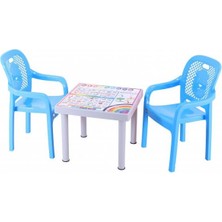 Norino Sağlam Plastik Mandella Rubi Türkçe Desenli Çocuk Masası 2 Adet Rubi Çocuk Koltuk Mavi