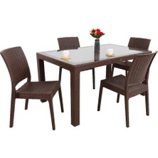 Norino Mandella Elit Rattan 90X150 4 Kişilik Elit Sandalye Camlı Masa Takımı Kahverengi
