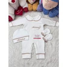 Isme Özel Nakışlı 3’lü Bebek Hastane Çıkışı Seti %100 Pamuk – Yenidoğan Tulum Şapka Eldiven