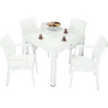 Norino Mandella Elit Rattan 90X90 Elit Koltuk Camlı Masa Takımı Beyaz