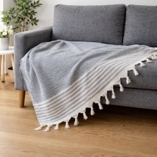 İlmeki Elmas Desenli Düğüm Saçaklı Koltuk ve Yatak Örtüsü – %100 Geri Dönüştürülmüş Pamuk, 200X230 cm | Indigo Renk