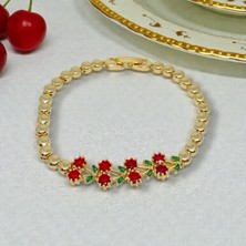 Lunel Accessory Kiraz Figürlü Taşlı Altın Kaplama Bileklik – Kırmızı Yeşil Detaylı Şık Kadın Bileklik