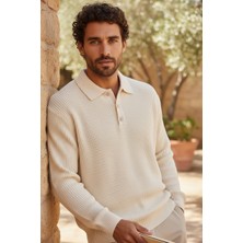 Mandala Tekstil Polo Yaka Göğüs Düğmeli Uzun Kollu Selanik Kalın Örgü Oversize Triko Kazak