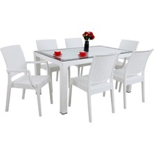 Norino Mandella Elit Rattan 90X150 2 Elit Koltuk 4 Elit Sandalye Camlı Masa Takımı Beyaz