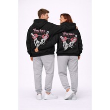 Nevermind Sevgili Kombini True Love Baskılı Oversize Siyah Hoodie Seti Unisex