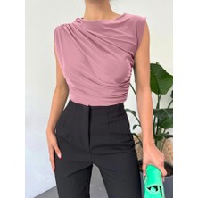 Queene Dreams Bisiklet Yaka Sıfır Kol Sandy Bluz  -Pudra