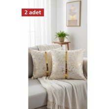 Lüks 2'li Kadife Kırlent Kılıfı Seti - 40X40 cm Altın Şeritli Dekoratif Yastık Kılıf Varaklı