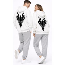 Nevermind Unisex Ejderha Baskılı Beyaz Sevgili Kombini Oversize Hoodie Seti