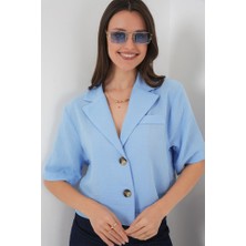 Queene Dreams 0706 Crop Keten Ceket - Mavi