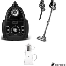 Karaca Premium Süpürge Seti Karaca Power Pro Dik Süpürge Karaca High Force Pro ve Cam Çaydanlık Black Chrome