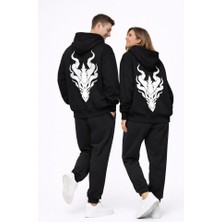 Nevermind Unisex Ejderha Baskılı Beyaz Sevgili Kombini Oversize Hoodie Seti