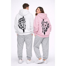 Nevermind Stronger Together Yazılı Aslan Kaplan Baskılı Beyaz Sevgili Kombini Oversize Hoodie