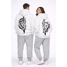 Nevermind Stronger Together Yazılı Aslan Kaplan Baskılı Beyaz Sevgili Kombini Oversize Hoodie