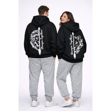Nevermind Stronger Together Yazılı Aslan Kaplan Baskılı Beyaz Sevgili Kombini Oversize Hoodie
