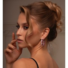 Leifa Jewelry Granat Taşlı Swarovski Detaylı 925 Ayar Gümüş Halka Küpe