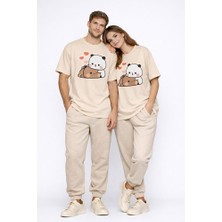 Nevermind Sevimli Panda Baskılı Sevgili Kombini Çift Tişört Oversize Unisex Çift Kombin 2'li Set
