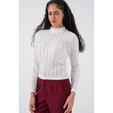 Queene Dreams Dokulu Esnek Örme Bluz 975 - Beyaz