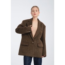 Özlem Yıldız Kahverengi Oversize Yün Karışımlı Kaşe Ceket - Maskülen Kesim Kadın Blazer 38