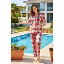 Remsa Kadın Ekose Desen Kısa Kol Suprem Pijama Takımı 0187 Kırmızı