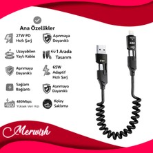 Goes 65W 4’ü 1 Arada Yaylı Şarj Kablosu Type-C & Lightning Destekli, 27W Pd Hızlı Şarj, 1.5m Uzayabilir Kablo