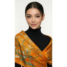 Ege Fular Şal Van Gogh Şal Badem Çiçekleri Desenli - 190X65 cm - %100 Saf Ipek Tasarım Şal